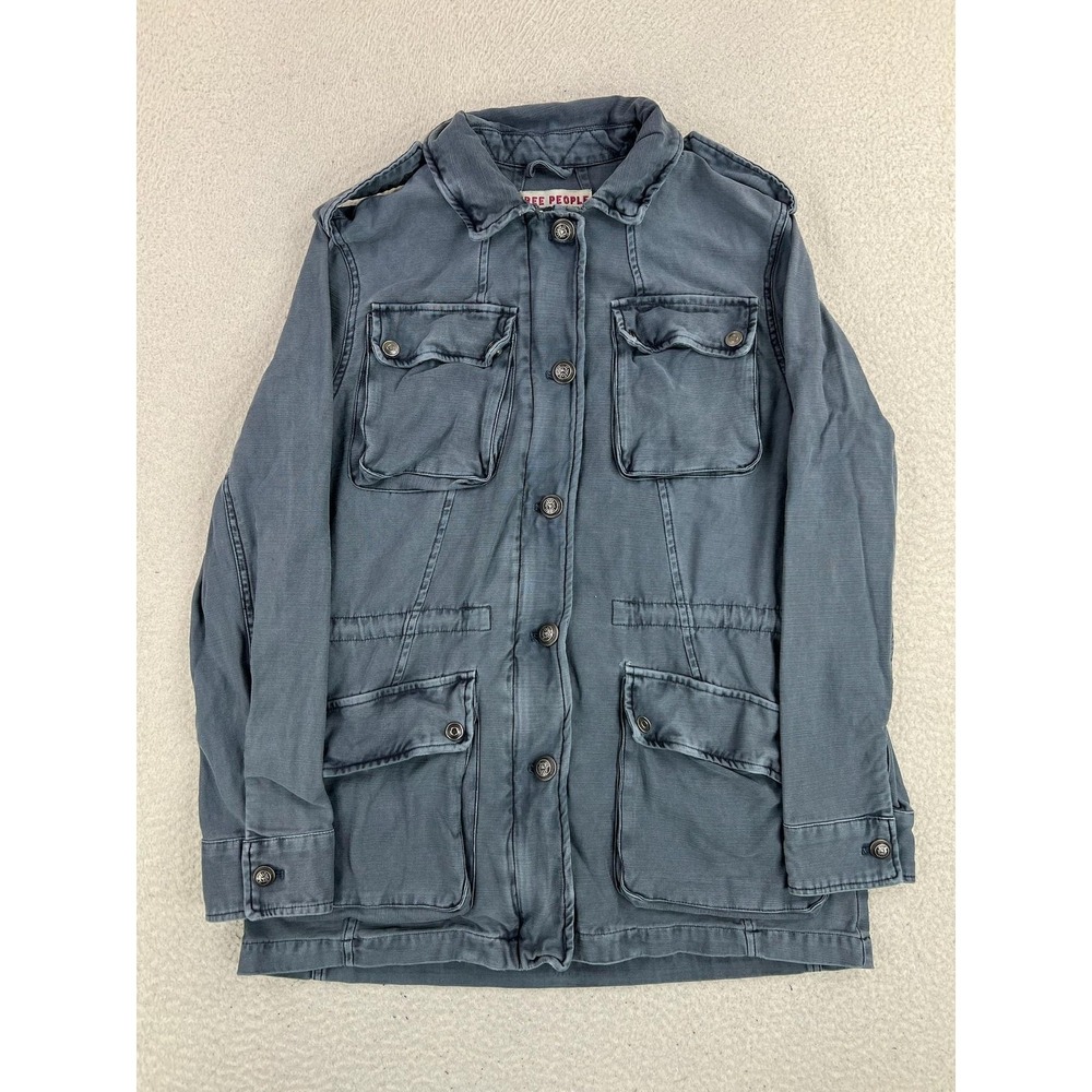 Free People Jacket Womens Small Blue Cotton Twill Military Full Zip Pockets